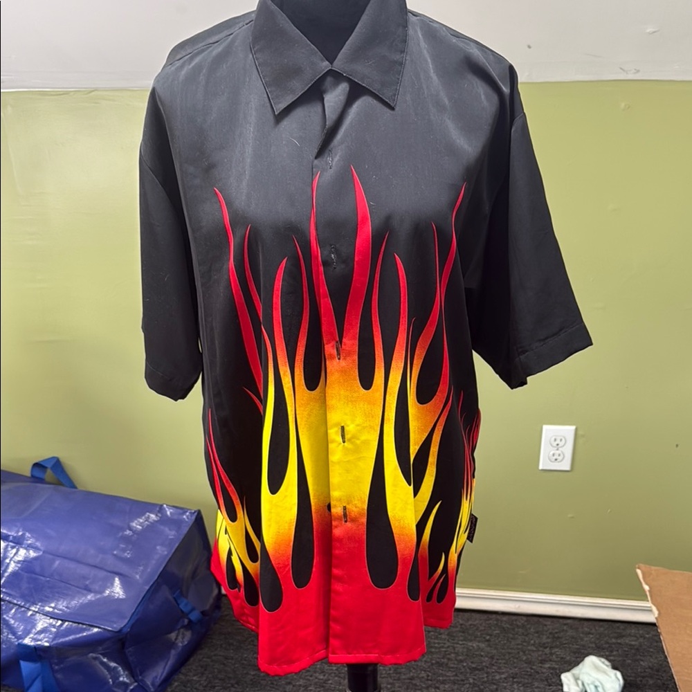 Sapphire Lounge Black Shirt with Red and Yellow Flame Design